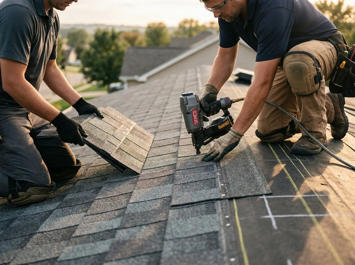Professional roofer working on a residential roof in Lake Mills
